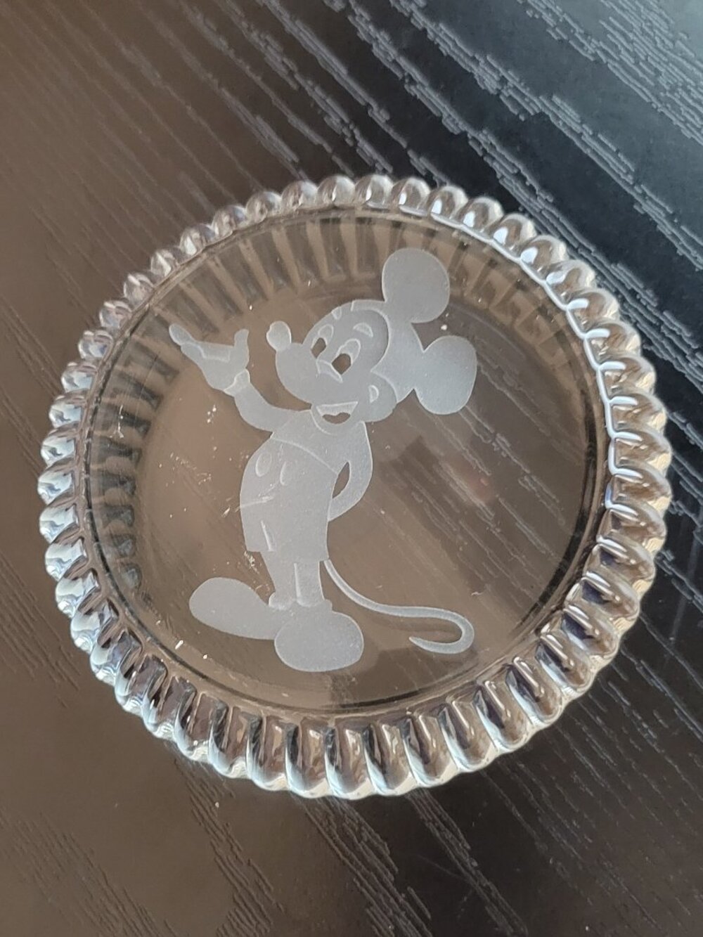 Vintage Disney Mickey Mouse Etched Glass Paperweight